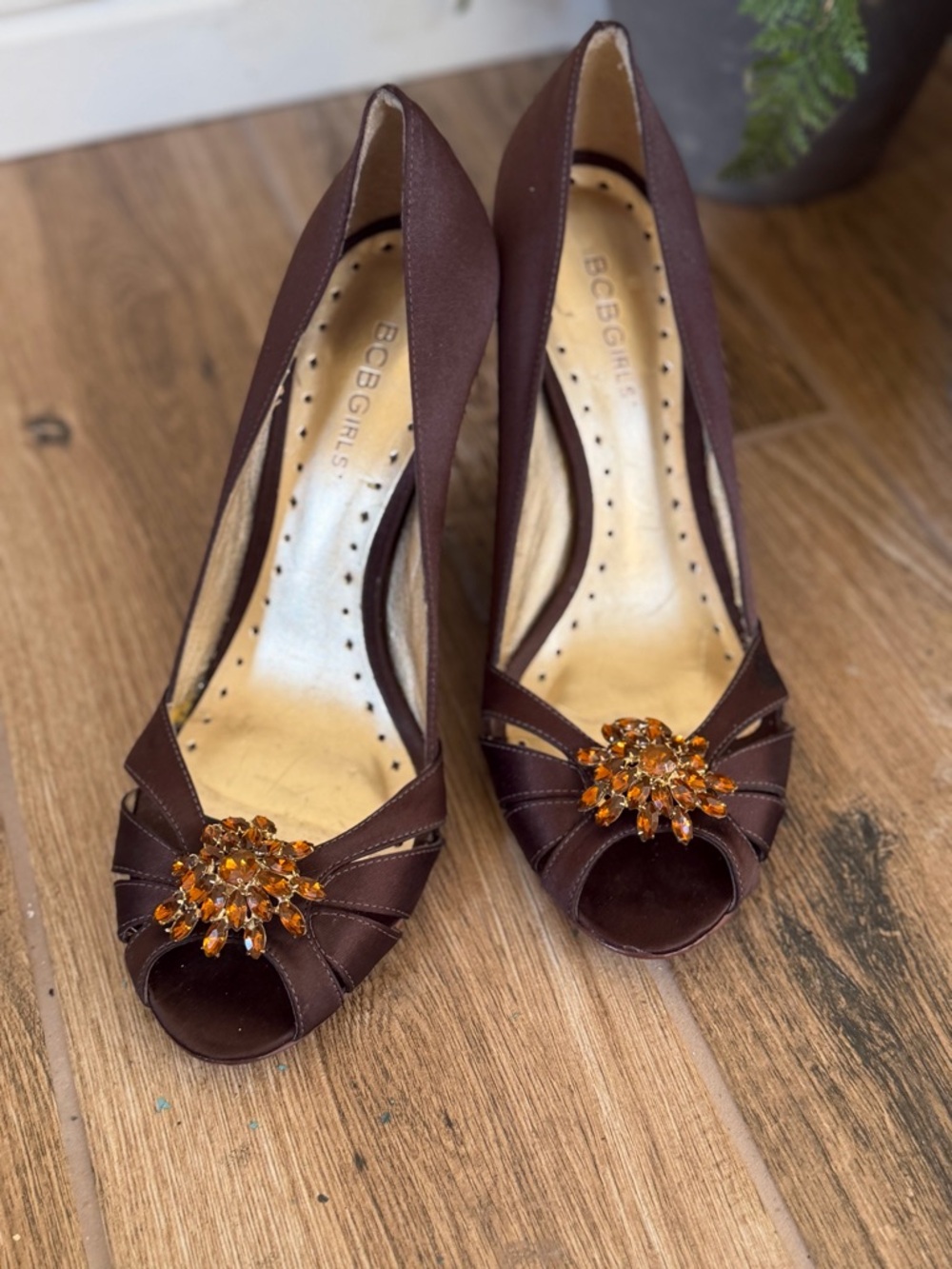 BCBGirls Brown Satin Peep-Toe Heels with Amber Crystal Accent